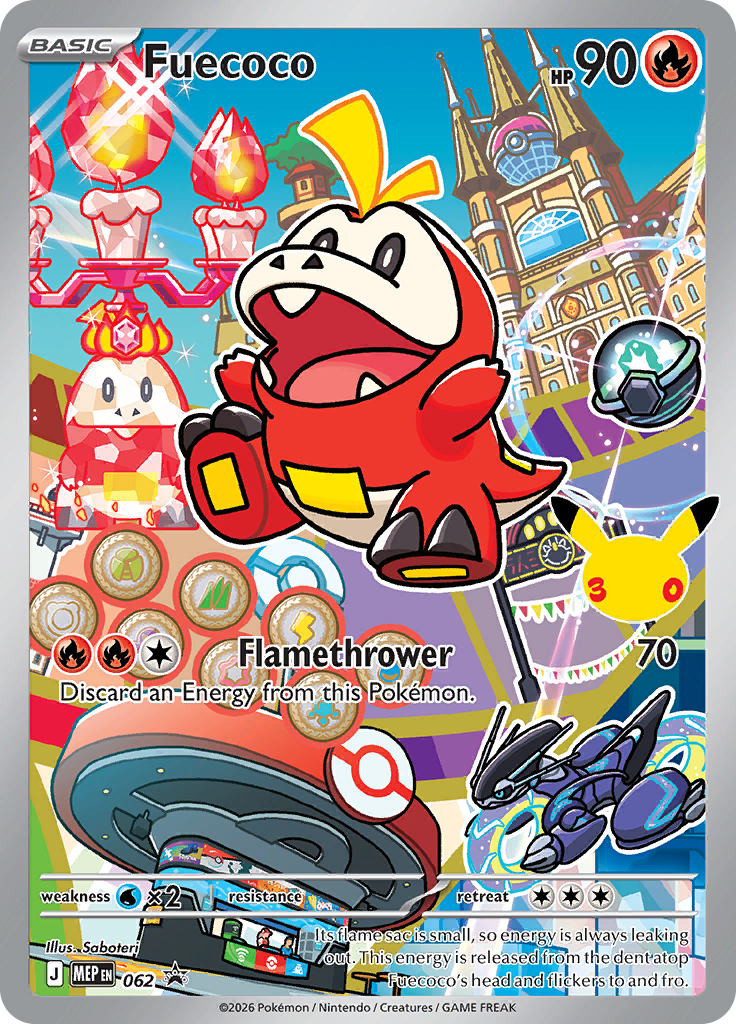 Fuecoco card 062 from MEP Black Star Promos, illustrated by Saboteri